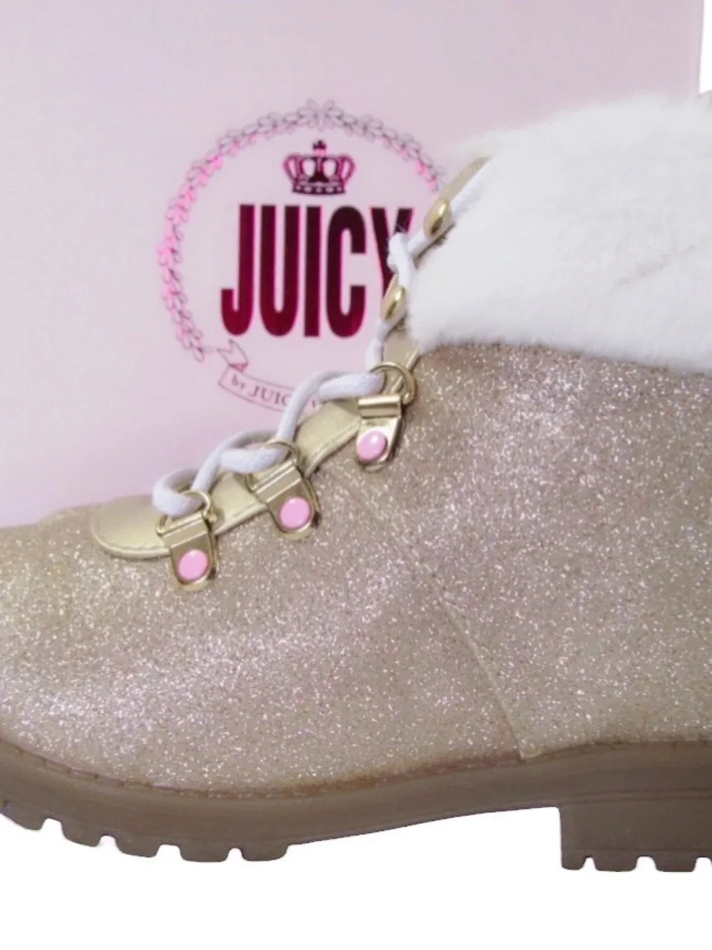JUICY COUTURE Girls Gold Glittery Castro Valley Bootie Boot W/White Fur Sz 3 NIB